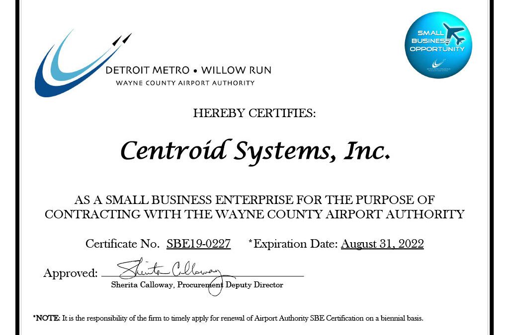 Centroid Awarded SBE Certificate
