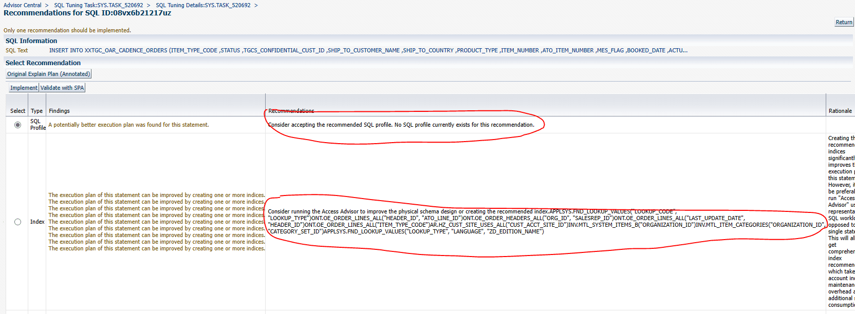 SQL Tuning Advisor results