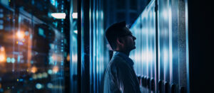 specialist stands dark server room gazing server surrounded by highttech enviroment glass walls