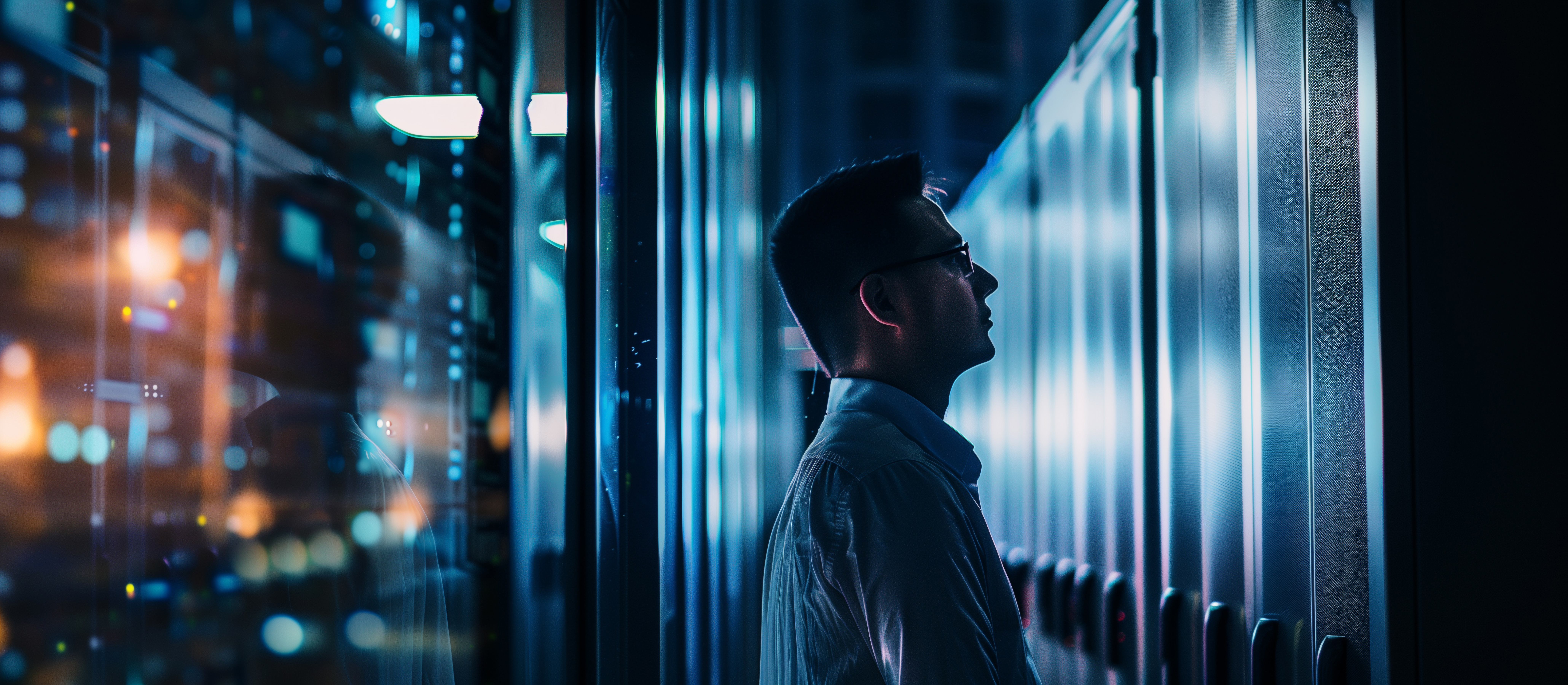 Video Clips 2 specialist stands dark server room gazing server surrounded by highttech enviroment glass walls